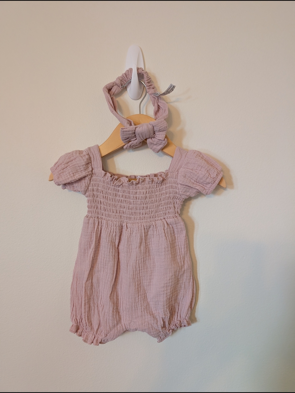 Infant Smocked Mauve Romper with Matching Headband